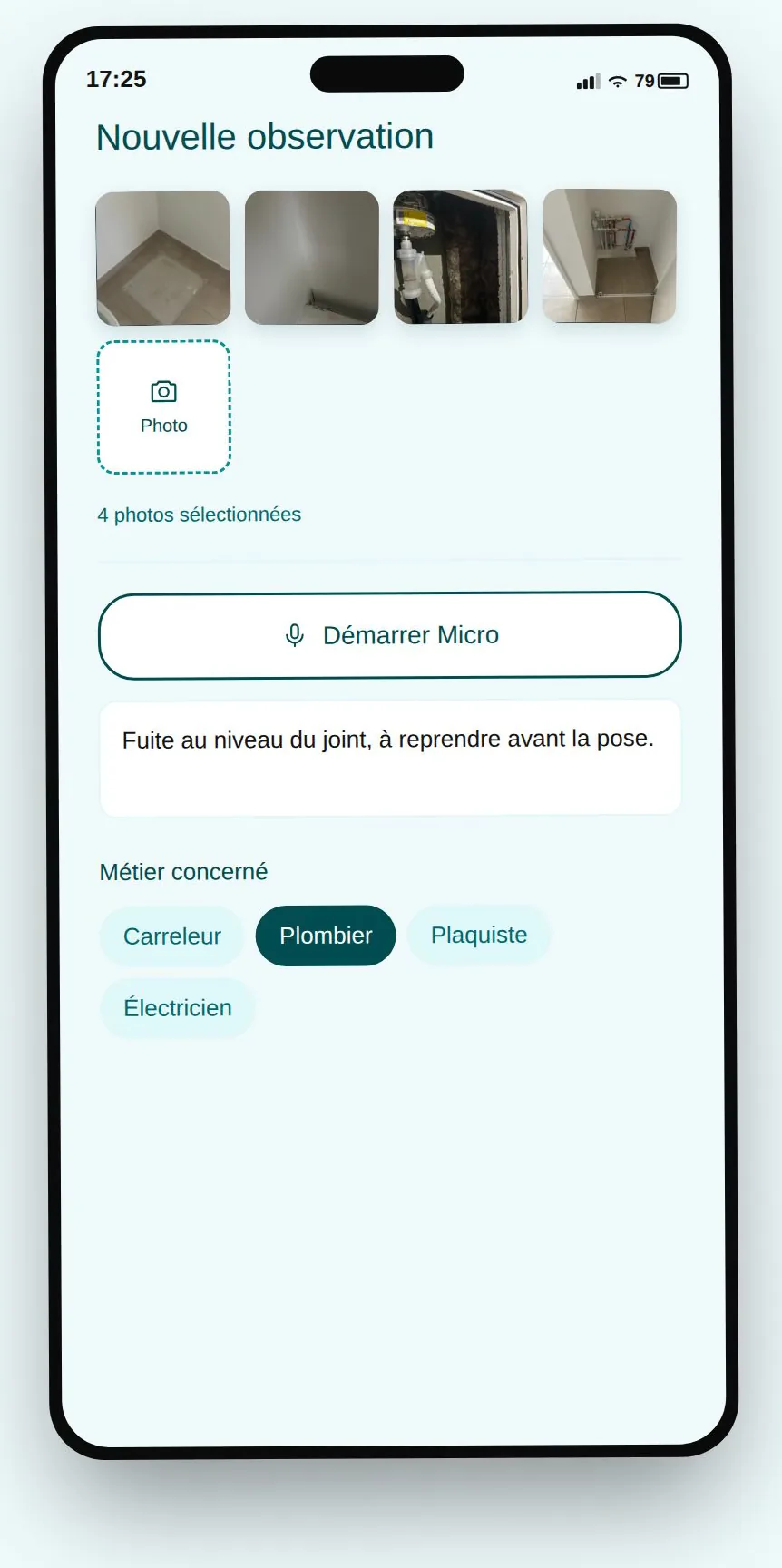 Écran réel de l'app ViZit : nouvelle observation avec photos, dictée vocale et métier concerné