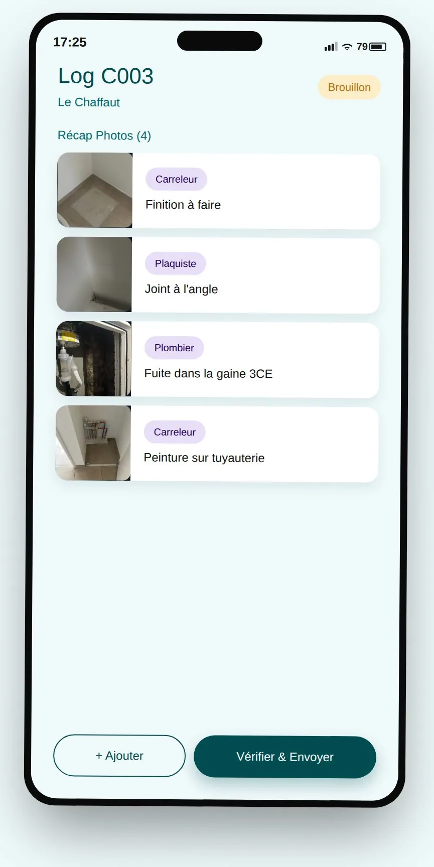 Écran réel de l'app ViZit : récapitulatif d'un compte-rendu organisé par lot de travaux